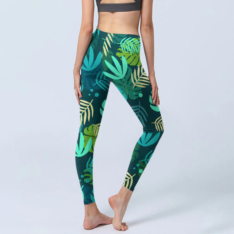 Buddha Stones Various Shapes Of Leaves Pattern Print Gym Leggings Women's Yoga Pants