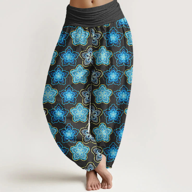 Buddha Stones Cotton Regular Layout Of Five-petal Flower Pattern Women's Elastic Waist Harem Pants