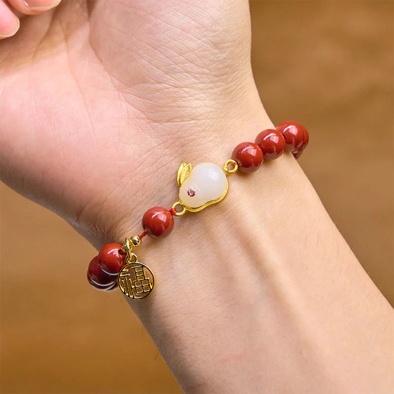 Buddha Stones Cinnabar Rabbit Bunny Fu Character Blessing Bracelet