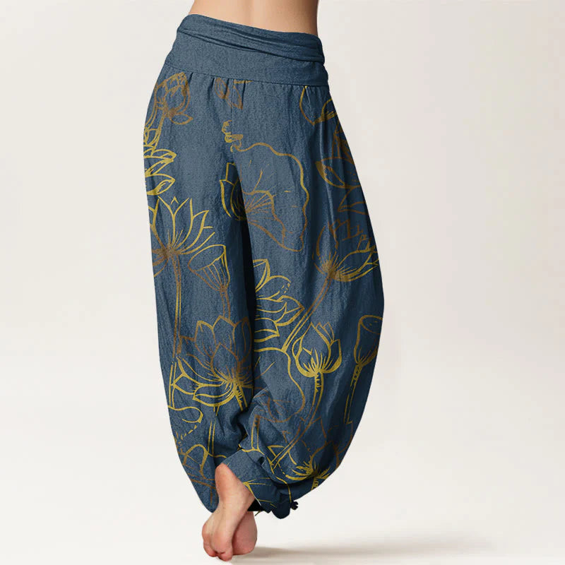 Buddha Stones Print Lotus Flowers Leaves Pattern Women's Elastic Waist Harem Cotton Pants