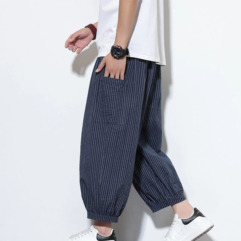 Buddha Stones Casual Striped Men's Cotton 7-8 Length Harem Pants With Pockets