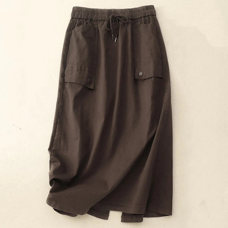 Buddha Stones Vintage Plain Drawstring Button Design Slide Slite Women's Cotton Linen 7-8 Length Skirt With Pockets