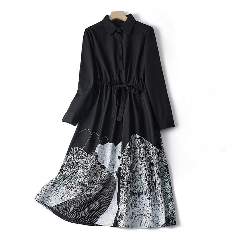 Buddha Stones Printing Irregular Lines Long Sleeve Lace-up Lapel Cotton Midi Dress With Pockets