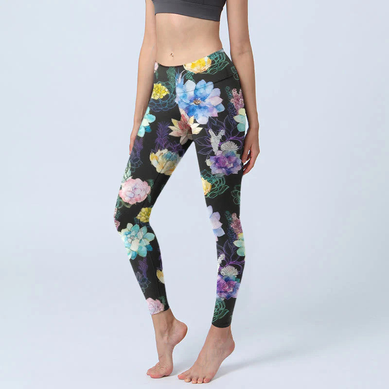 Buddha Stones Colorful Watercolor Style Flower Pattern Print Gym Leggings Women's Yoga Pants