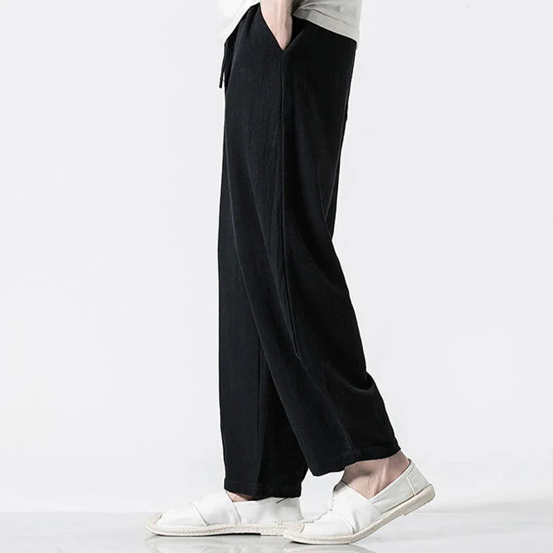 Buddha Stones Drawstring Elastic Waist Ankle-Length Men's Cotton Pants With Pockets