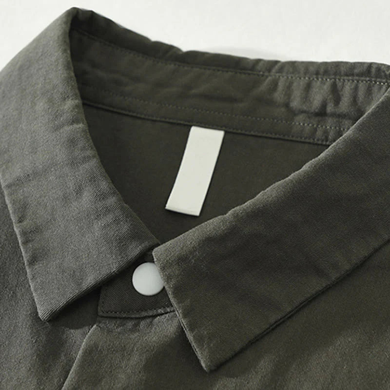 Buddha Stones Simple Solid Color Buttons Down Men's Stand Collar Long Sleeve Cotton Shirt