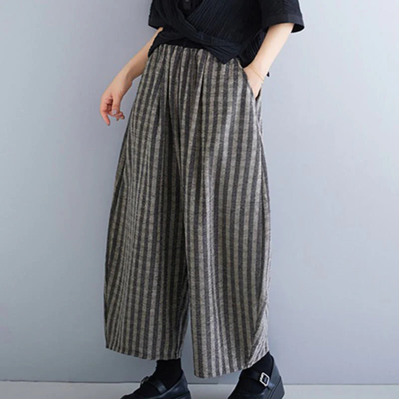 Buddha Stones Casual 7-8 Length Corduroy Stripes Women's Polyester Wide Leg Pants With Pockets