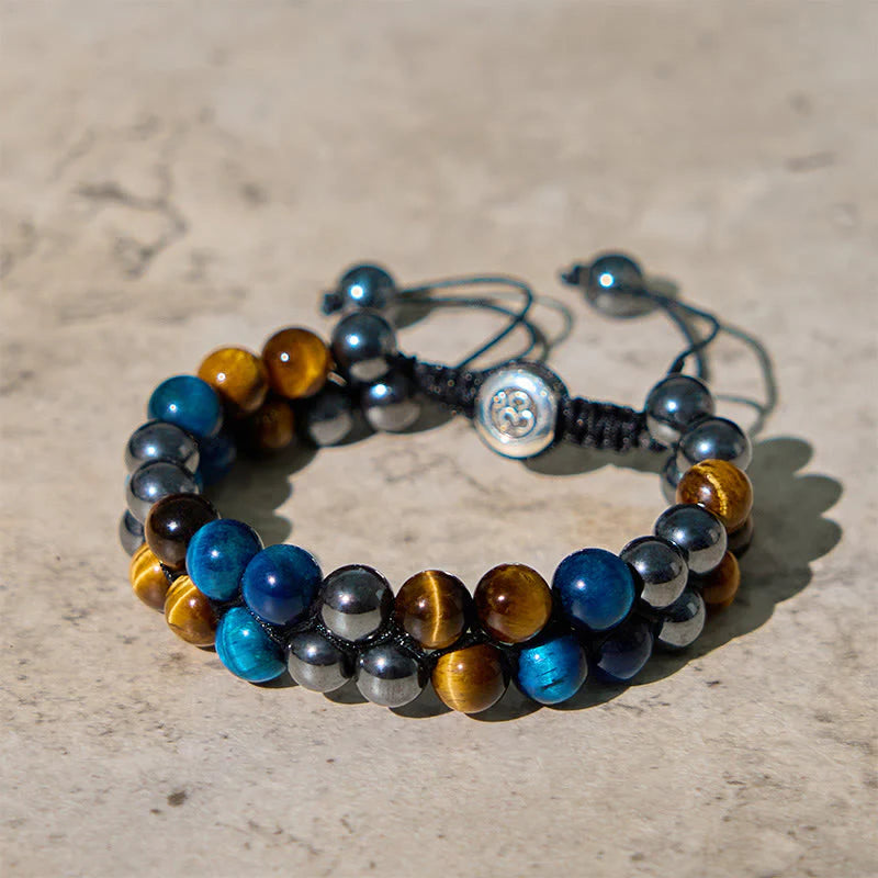 Buddha Stones Natural Blue Tiger Eye Black Magnetite Om Pattern Double Row Beads Strength Bracelet