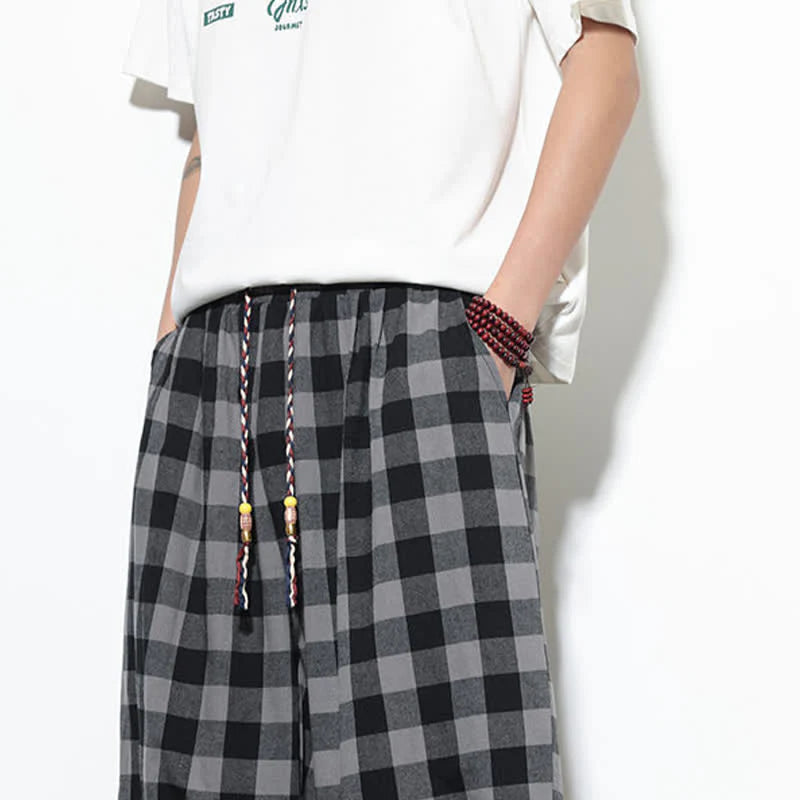 Buddha Stones Summer Plaid Pattern High Waist Drawstring Men's Harem Pants With Pockets