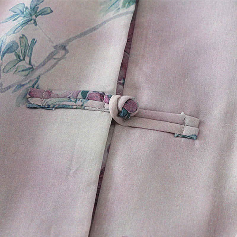 Buddha Stones Fall Purple Floral Green Leaves Print Frog-Button Stand Collar Long Sleeve Women's Cotton Shirt