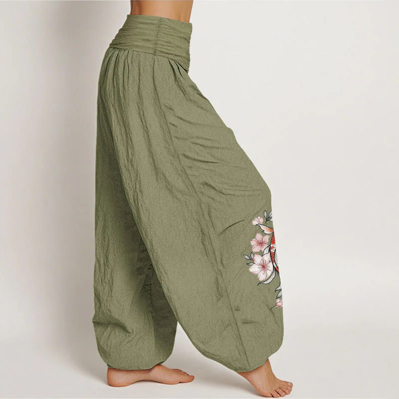 Buddha Stones Cotton Koi Fish Pink Peach Blossoms Pattern Women's Elastic Waist Harem Pants