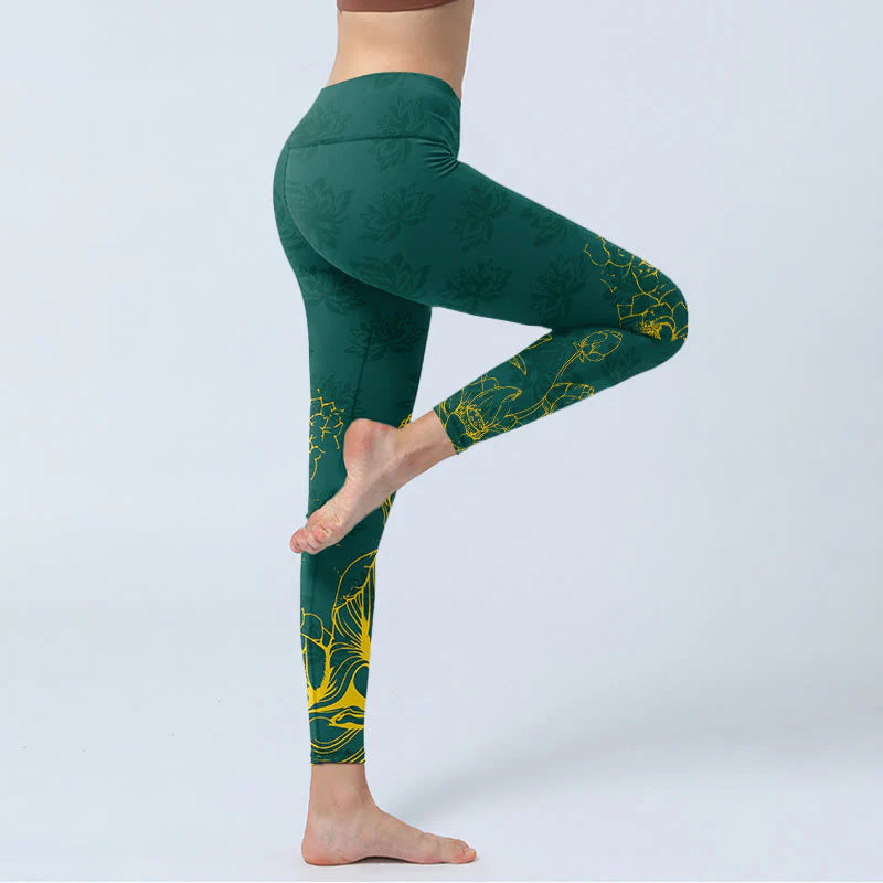 Buddha Stones Lotus Buddha Image Pattern Print Gym Leggings Women's Yoga Pants