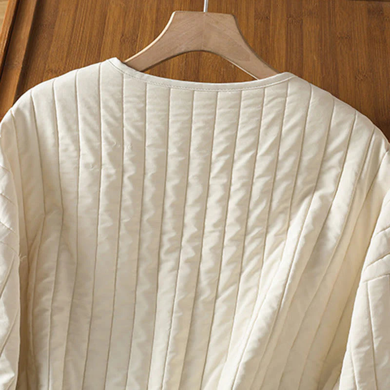 Buddha Stones Women's Plain Crew Neck Drawstring Design Long Sleeve Cotton Jacket With Pocket
