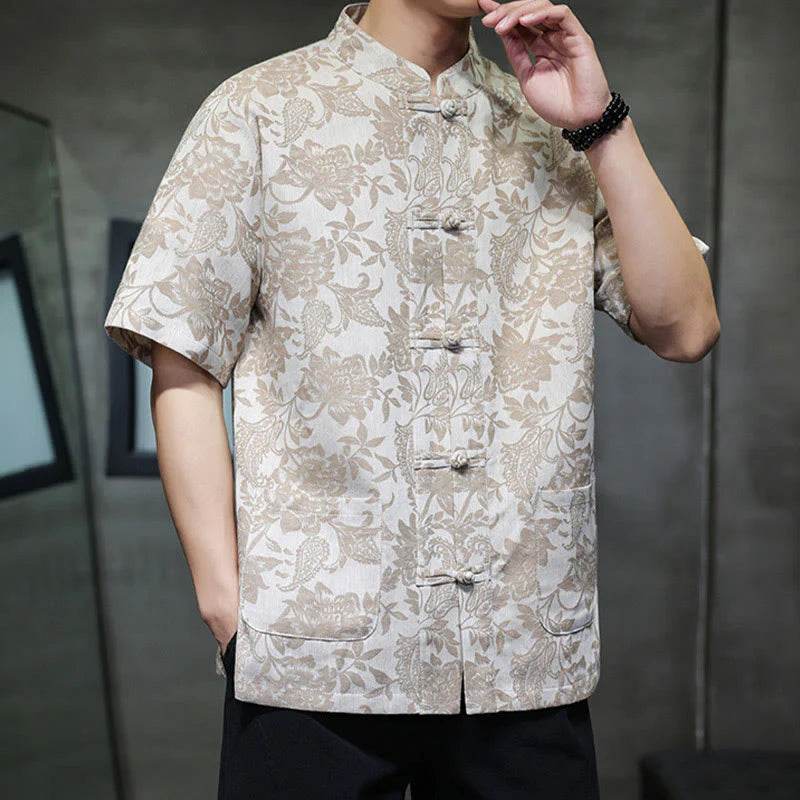 Buddha Stones Casual Jacquard Paisley Flower Plant Pattern Frog-Button Design Men's Cotton Shirt Cardigan With Pockets