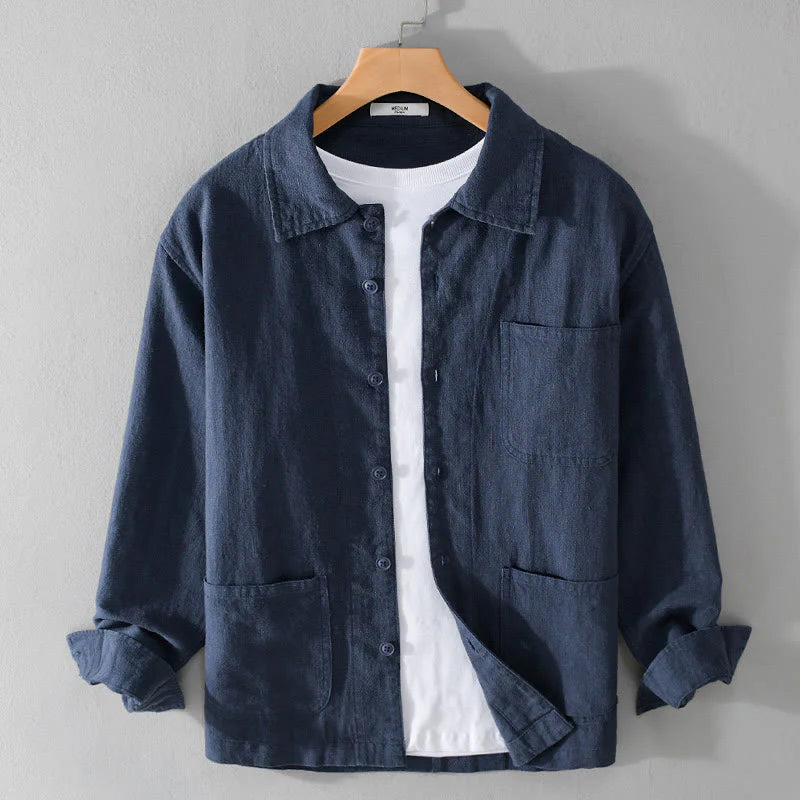 Buddha Stones Commute Fall Solid Color Lapel Men's Long Sleeve Cotton Linen Shirt With Pocket