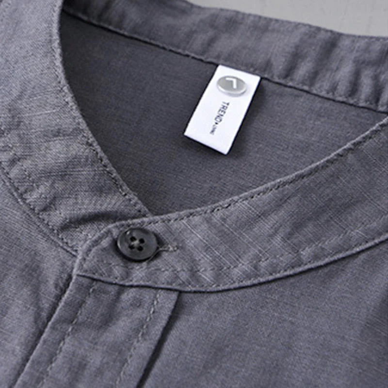 Buddha Stones Men's Long Sleeve Stand Collar With Pocket Pure Color Casual Cotton Linen Shirt
