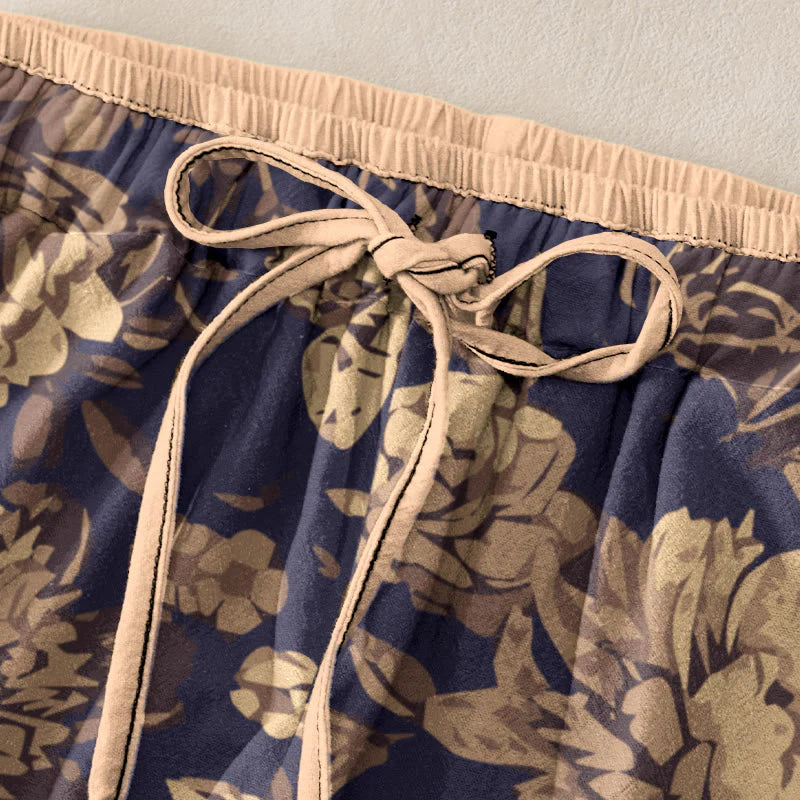 Buddha Stones Cotton Casual Peony Flowers Leaves Pattern Women's Elastic Waist Pants With Pockets