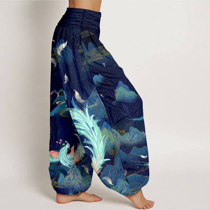Buddha Stones Pure Cotton Gorgeous Phoenix Mountain Cloud Pattern Women's Elastic Waist Harem Pants
