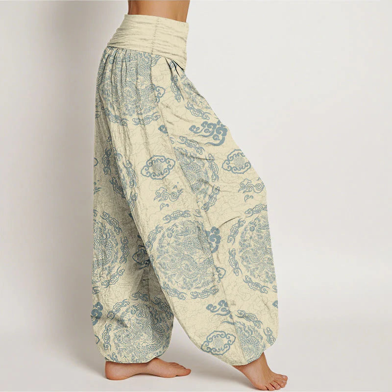 Buddha Stones Cotton Light Color Dragon Cloud Pattern Women's Elastic Waist Harem Pants