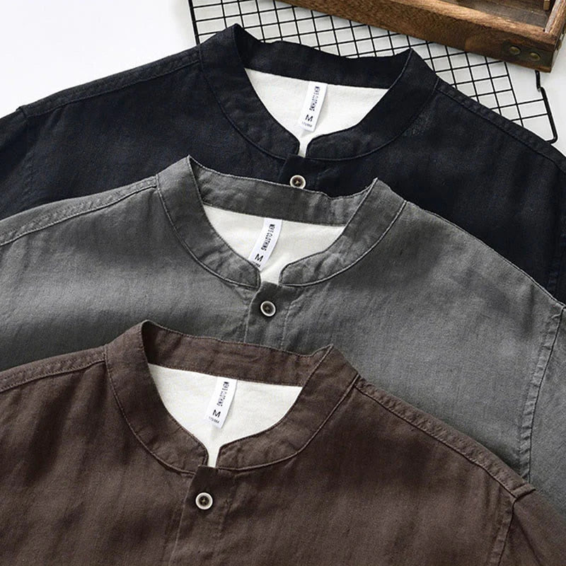 Buddha Stones Fall Solid Color Buttons Down Stand Collar Three Quarter Sleeve Linen Men's Shirt With Pockets