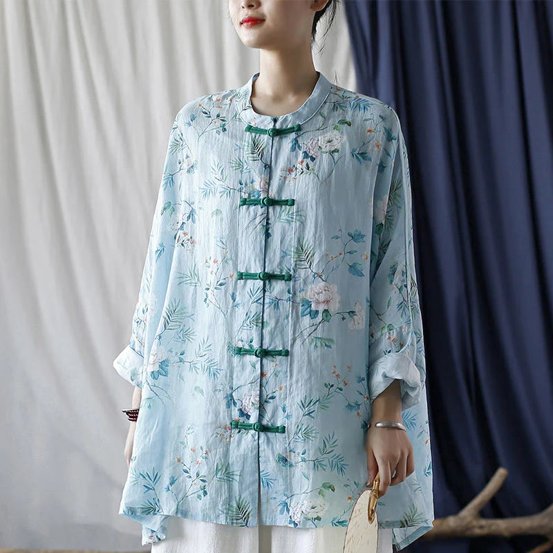 Buddha Stones Light Green Pink Flowers Green Leaves Frog-Button Long Sleeve Ramie Linen Jacket Shirt