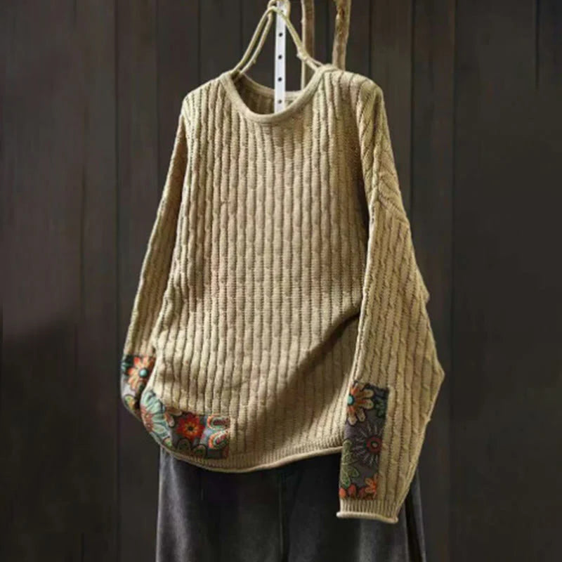 Buddha Stones Winter Patchwork Design Long Sleeve Crew Neck Women's Cotton Sweater