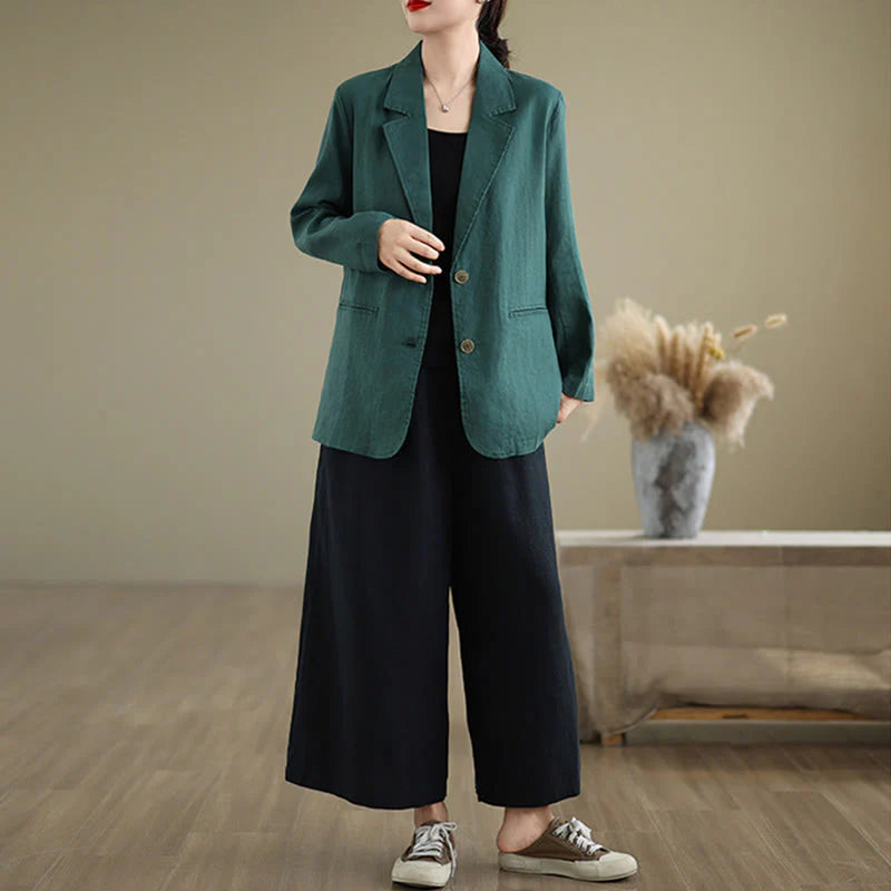 Buddha Stones Spring Solid Color Long Sleeve Cotton Linen Women's Jacket With Pockets