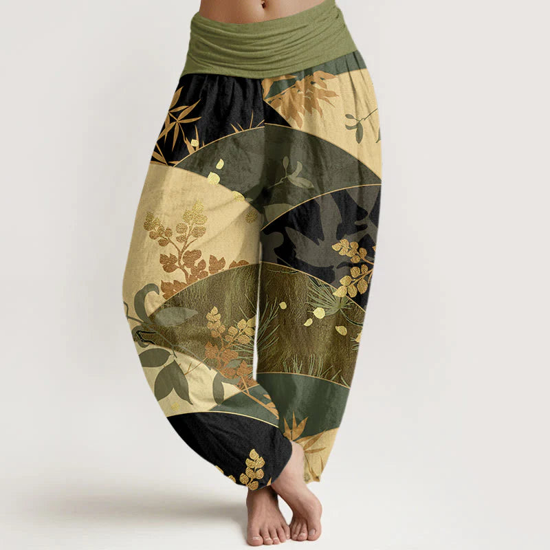 Buddha Stones Cotton Semicircle Leaves Pattern Women's Elastic Waist Harem Pants