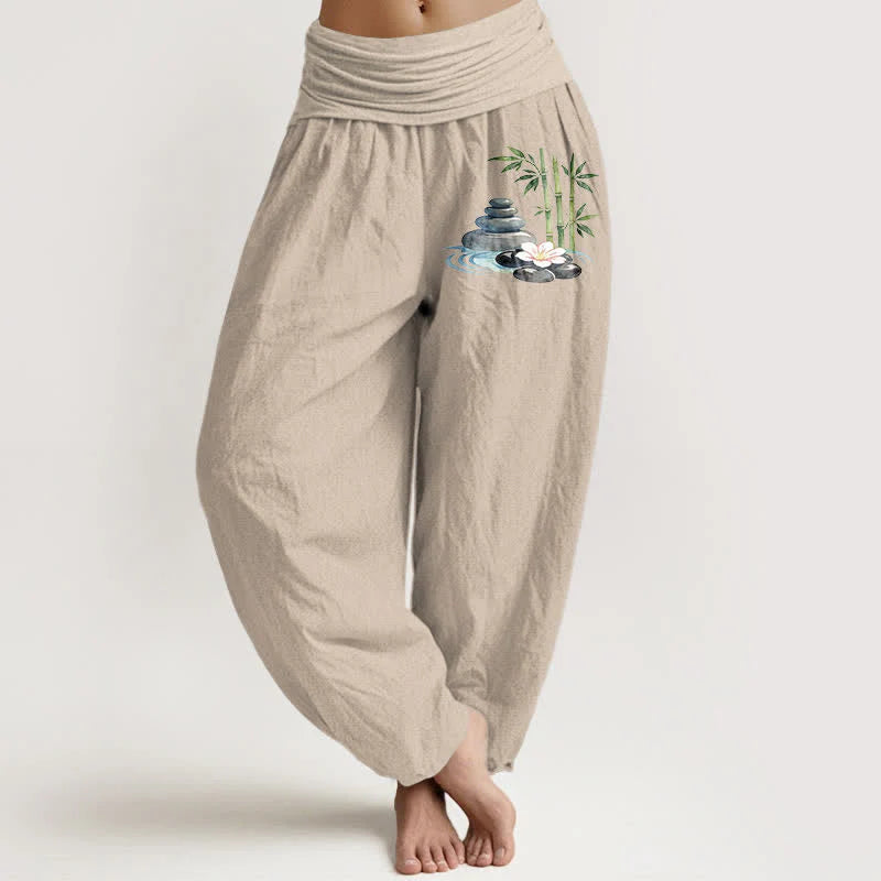 Buddha Stones Pure Cotton Bamboo Flower Stones High Waist Women's Harem Pants