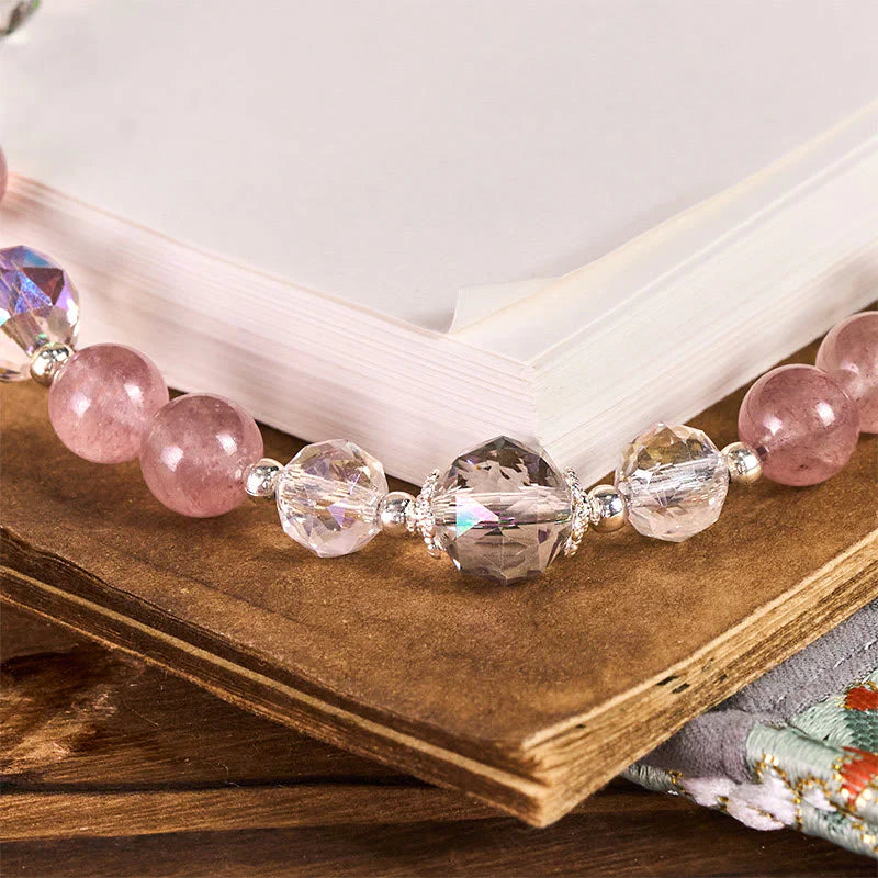 Buddha Stones Year of the Horse Strawberry Quartz White Cat's Eye Key Chain Phone Hanging Decoration