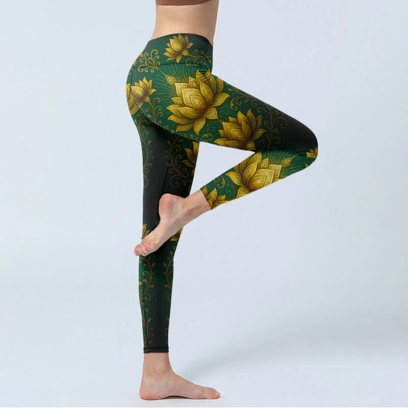 Buddha Stones Golden Lotus Pattern Print Gym Leggings Women's Yoga Pants