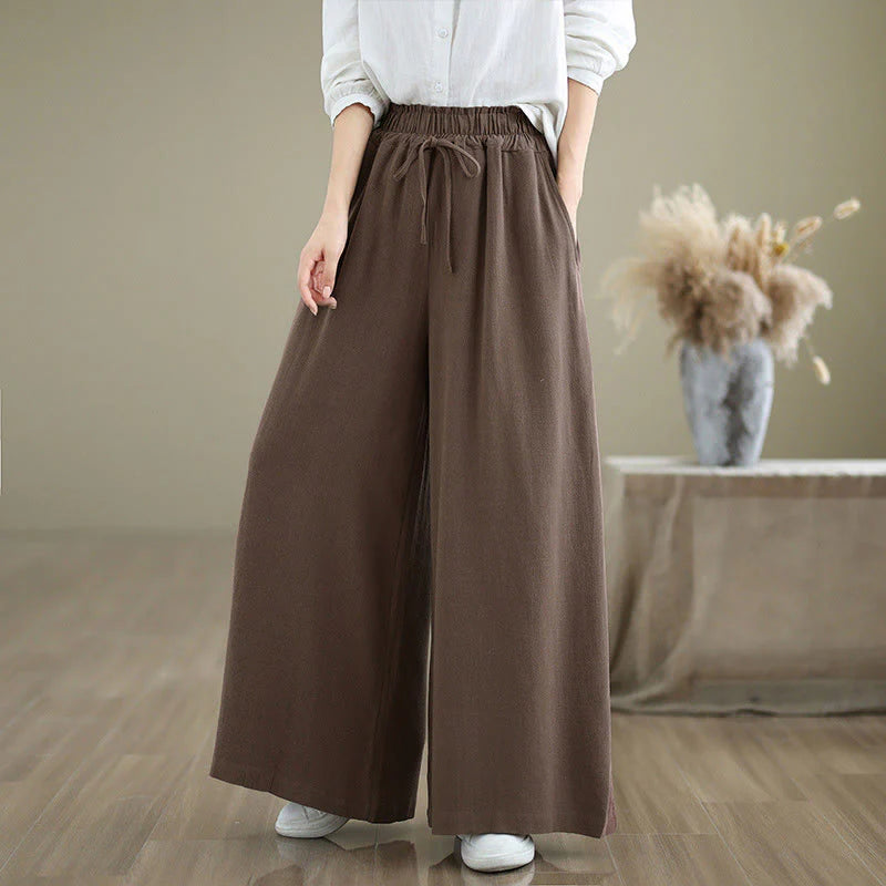 Buddha Stones Women's Pure Color Drawstring Cotton Linen Wide Leg Ankle-Length Pants With Pockets