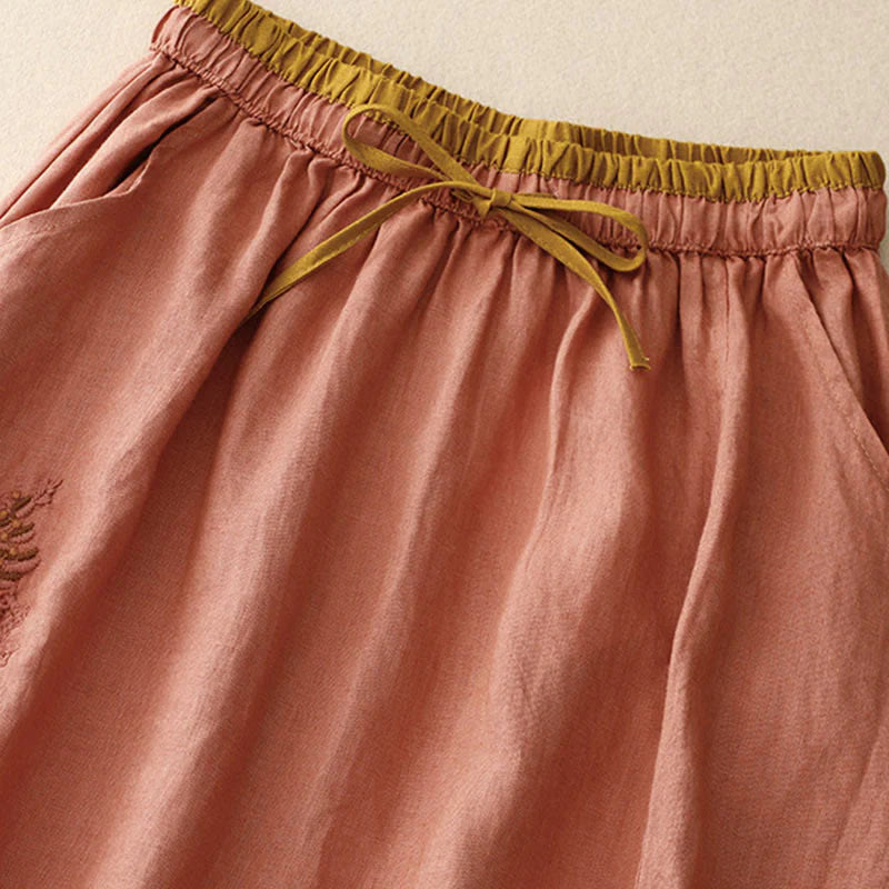 Buddha Stones Vintage Solid Embroidery Drawstring Women's Skirt With Pockets