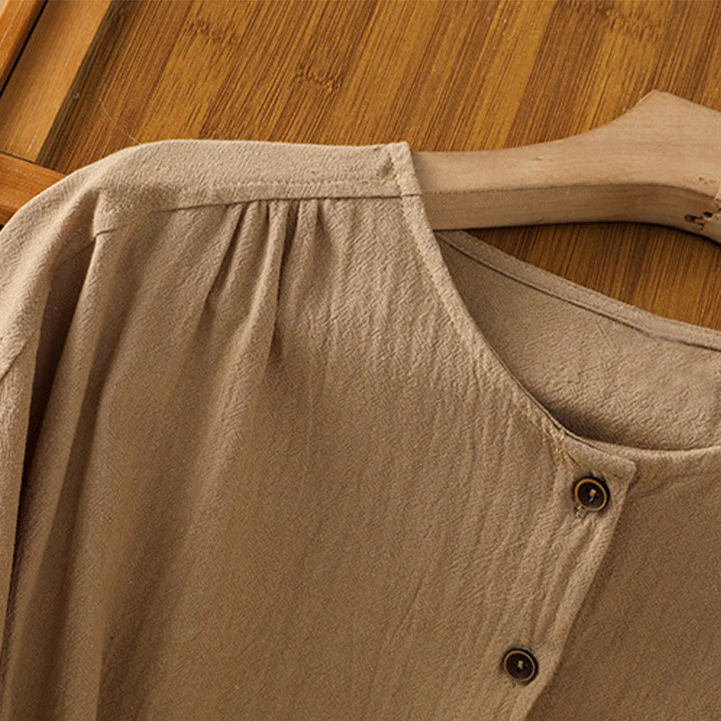 Buddha Stones Casual Plain Buttons Half Sleeve Women's Cotton Linen Shirt With Pocket