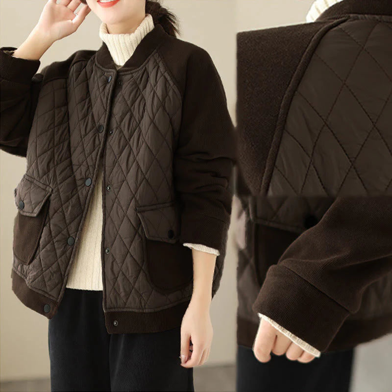 Buddha Stones Diamond Pattern Women's Long Sleeve Thickened Jacket With Pockets