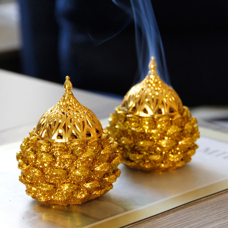 Buddha Stones Gold Pine Cone Pattern Spiritual Rituals Mini Incense Burner Home Tabletop Decor