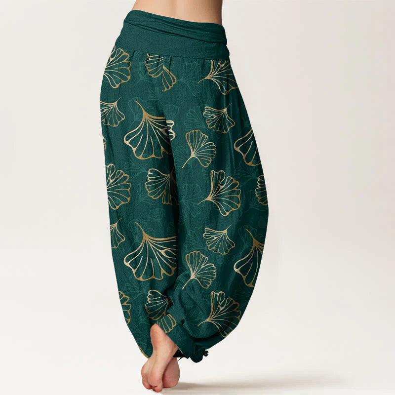 Buddha Stones Pure Cotton Minimalist Style Ginkgo Leaves Pattern Women's Elastic Waist Harem Pants