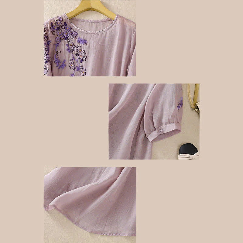 Buddha Stones Retro Embroidery Floral Pattern Short Sleeve Crew Neck Women's Shirt