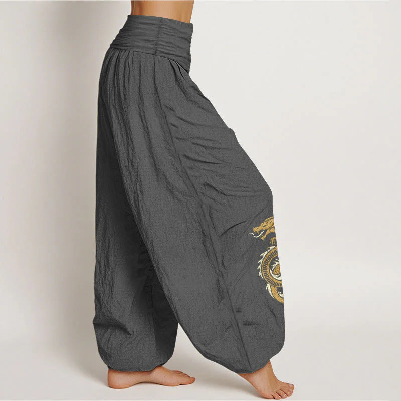 Buddha Stones Pure Cotton Dragon Pattern Women's Elastic Waist Harem Pants