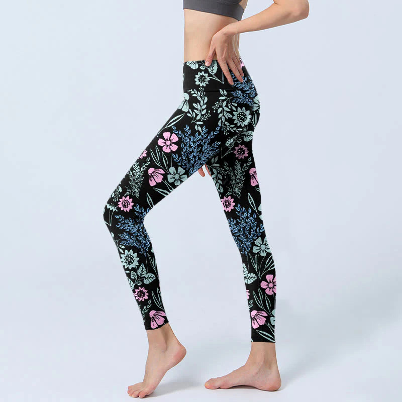 Buddha Stones Bold Color Contrast Flower Leaf Pattern Print Gym Leggings Women's Yoga Pants