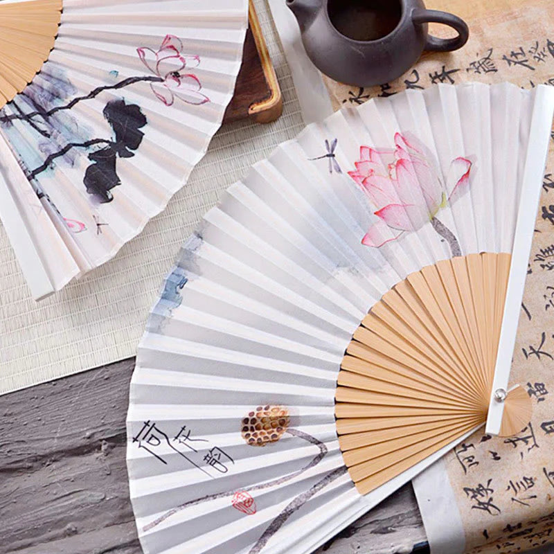 Buddha Stones Chinese Characters Ink Painting Lotus Flower Leaf Landscape Handheld Huayao Crepe Polyester Bamboo Folding Fan 23.3cm
