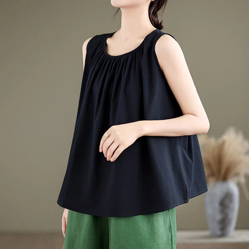 Buddha Stones Summer Artistic Solid Color Pleated Crew Neck Design Women's Cotton Linen  Vest
