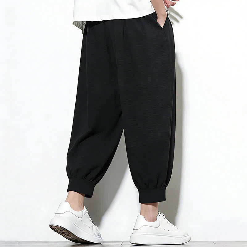 Buddha Stones Spring Solid Color Drawstring Elastic Design Men's Harem Capri Pants