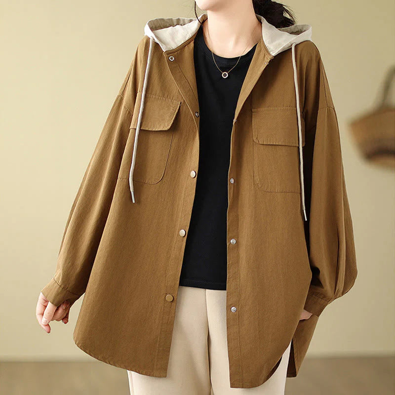 Buddha Stones Casual Commute Drawstring Hoodie Women's Cotton Linen Jacket With Pockets