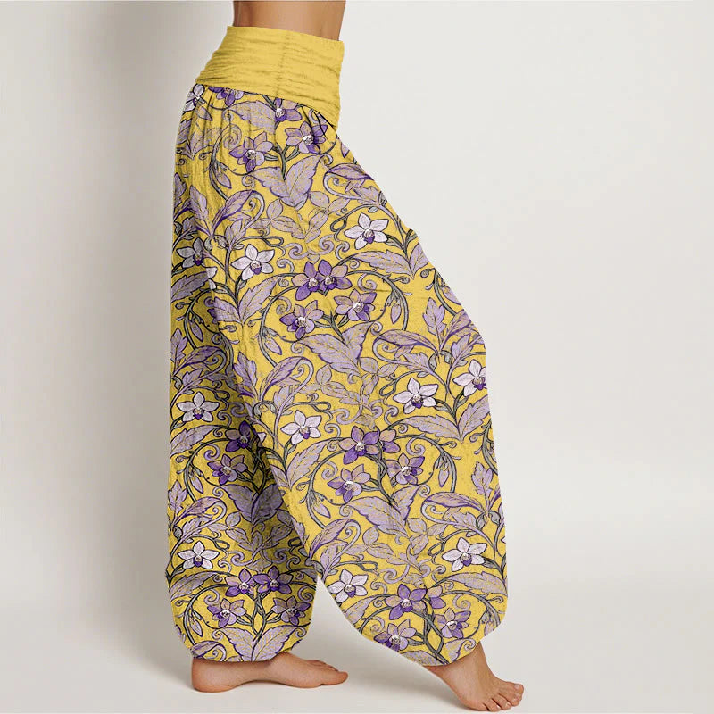 Buddha Stones Cotton Star Shaped Flowers Leaves Pattern Women's Elastic Waist Harem Pants