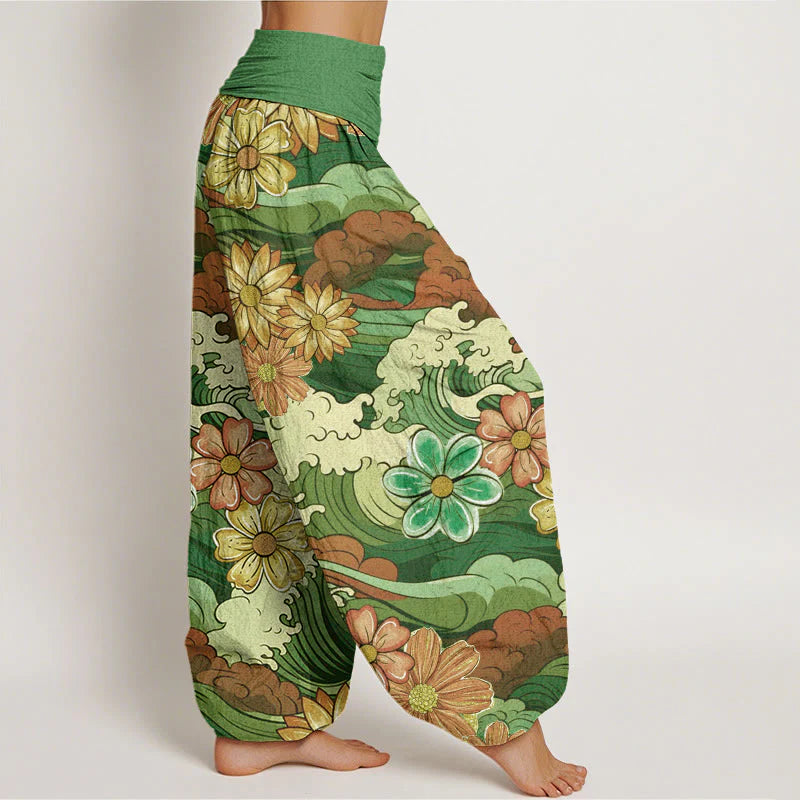 Buddha Stones Cotton Colorful Ocean Wave Various Flower Pattern Women's Elastic Waist Harem Pants