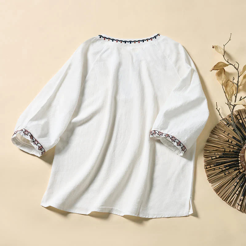 Buddha Stones Summer V-Neck Embroidery Lines Lace-up Cotton Women's Half Sleeve Shirt