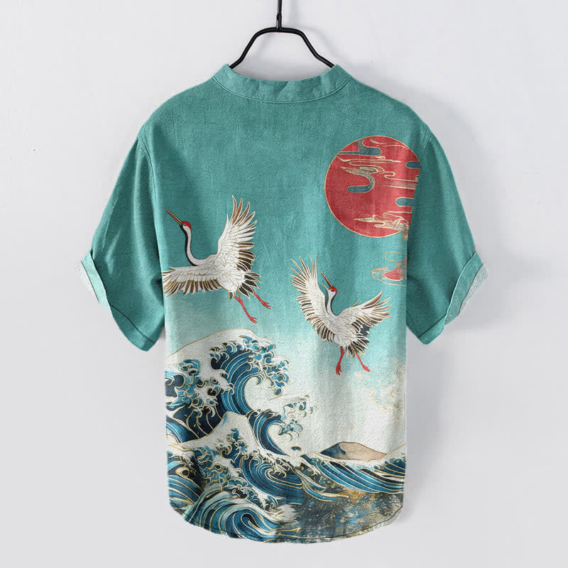 Buddha Stones Cotton Crane Wave Sun Pattern Men's Short Sleeve Half Button Shirt