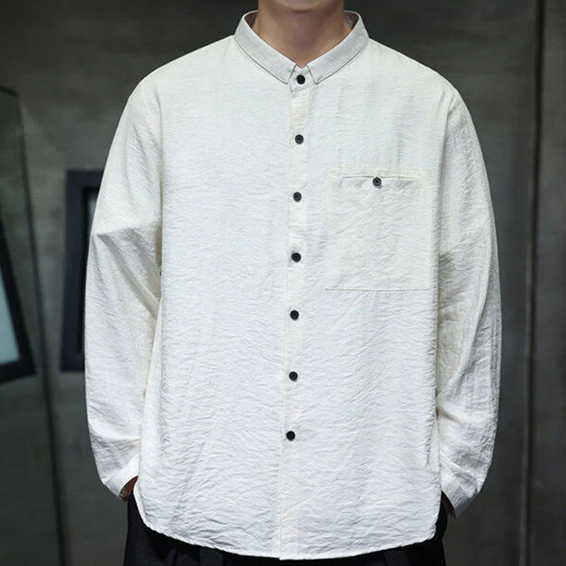 Buddha Stones Spring Men's Solid Color Buttons Design Long Sleeve Shirt