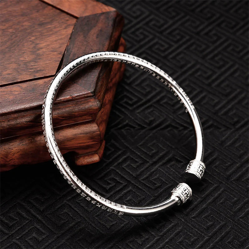Buddha Stones Heart Sutra Engraved Swastika Pattern Luck White Copper Bracelet Bangle